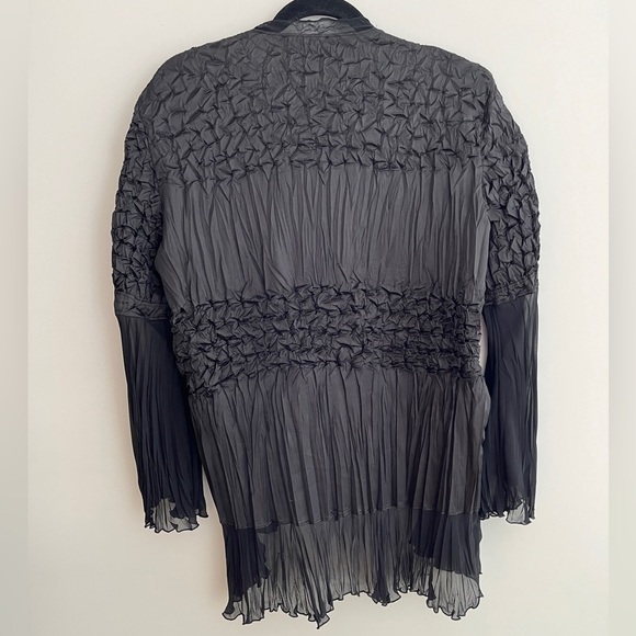 JOSEPH RIBKOFF Sheer Bell Sleeve Tie Front Black Jacket Crinkle High Low Ruffle - Picture 11 of 17